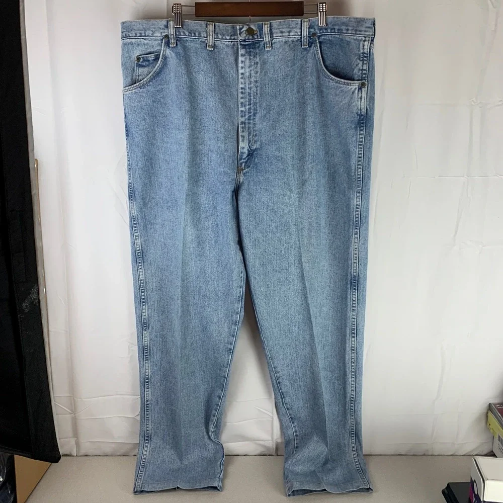 VTG Wrangler Rugged Wear Jeans Mens‎ 46x38 (44x35) Light Blue Straight USA Made